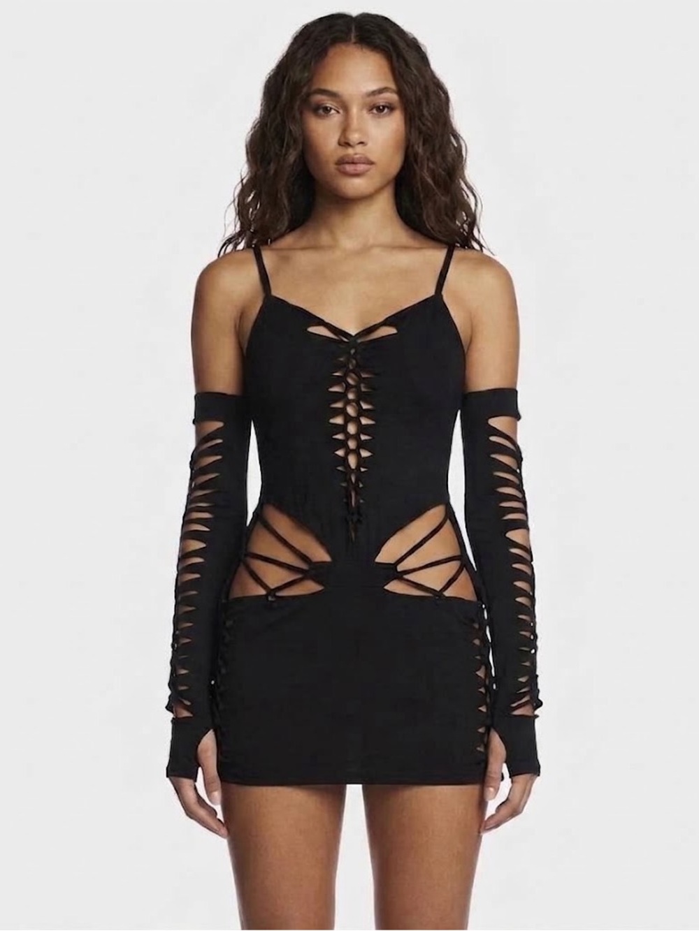 Dolls Kill Black Strappy Lace-Up Bodycon Mini Dress